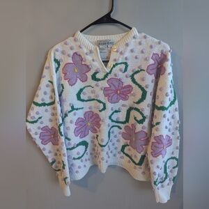 Vintage Saks Fifth Avenue Novelty Cropped Cotton Floral Sweater